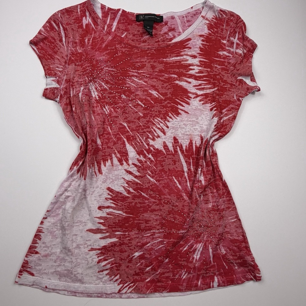 INC International Concepts Petite Red Graphic T Size PP Embellished Burnout Top